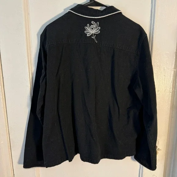 Vtg 90s Artsy XL Black Embroidery Floral Western Cotton Denim Jacket Celestial - Picture 7 of 9